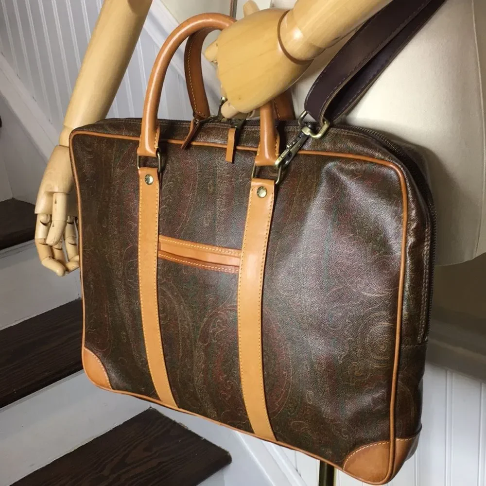 ETRO MILANO Red Paisley Coated Canvas Vachetta Top Handle Briefcase Laptop Bag